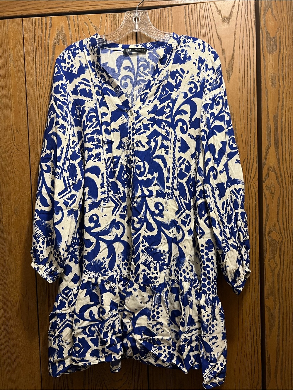 Zara Blue and White Printed V-Neck Dress